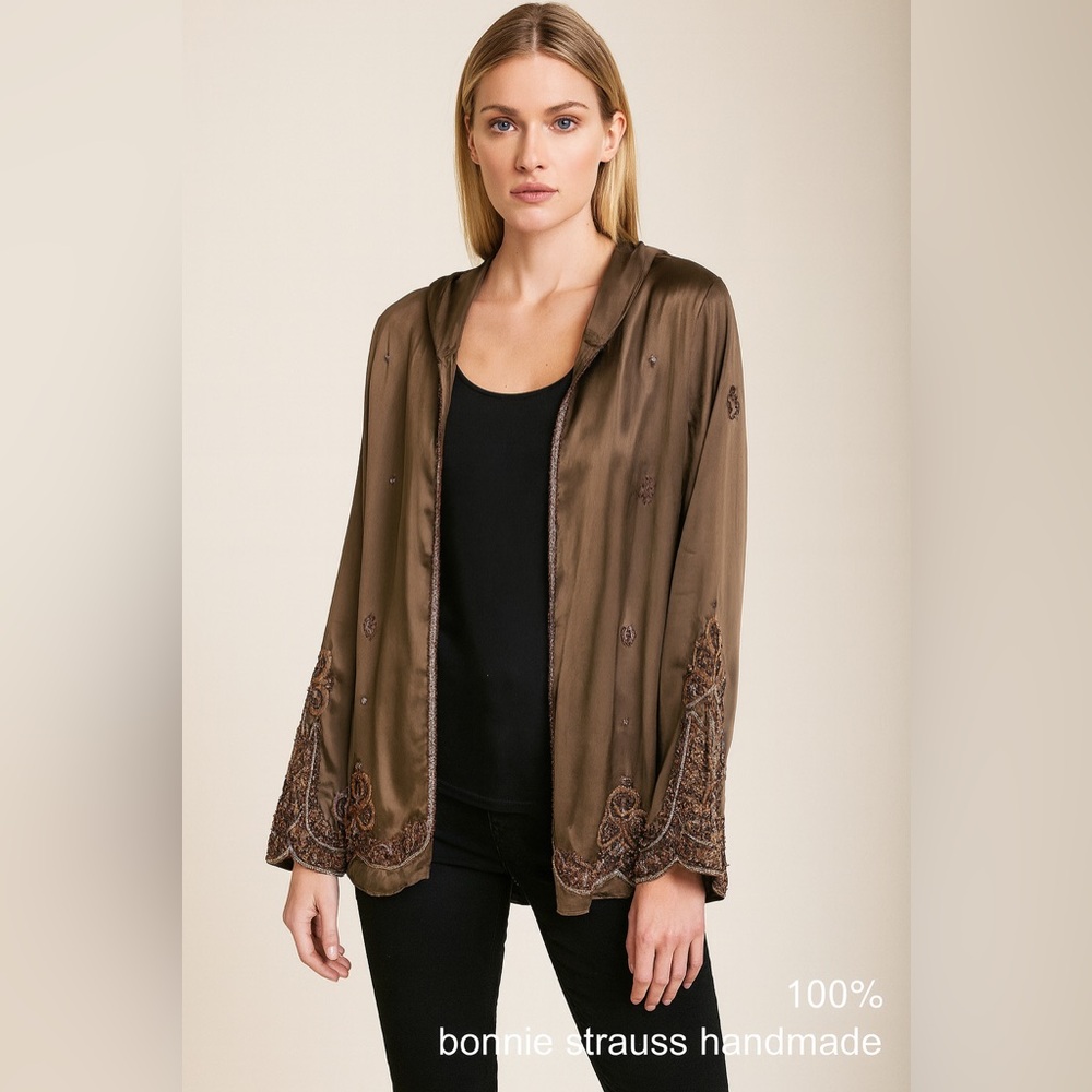 Embellished 100% silk handmade Brown Open Front Jacket